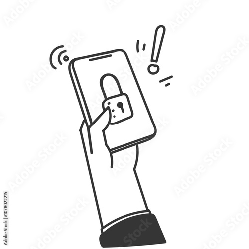 mobile phone locked with padlock illustration in doodle drawing cartoon style