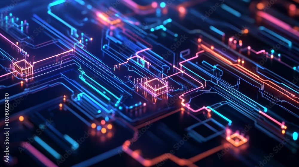 Obraz premium Futuristic diverse circuits, glowing holographic nodes, interconnected flow