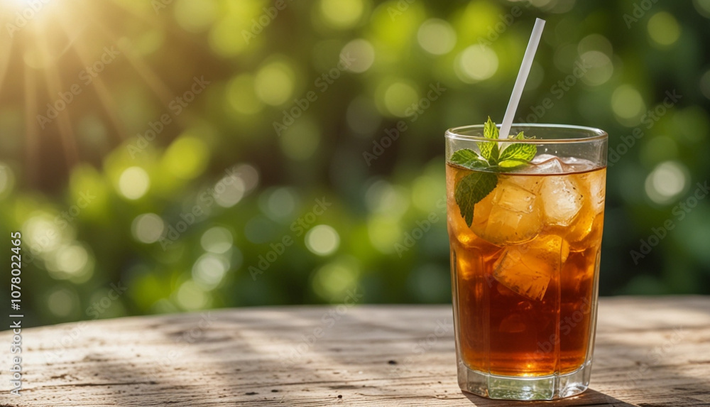 Full glass of iced tea on wooden table with blur sunlight and green nature background. Generative AI Full glass of iced tea on wooden table with blur sunlight and green nature background. Generative AI