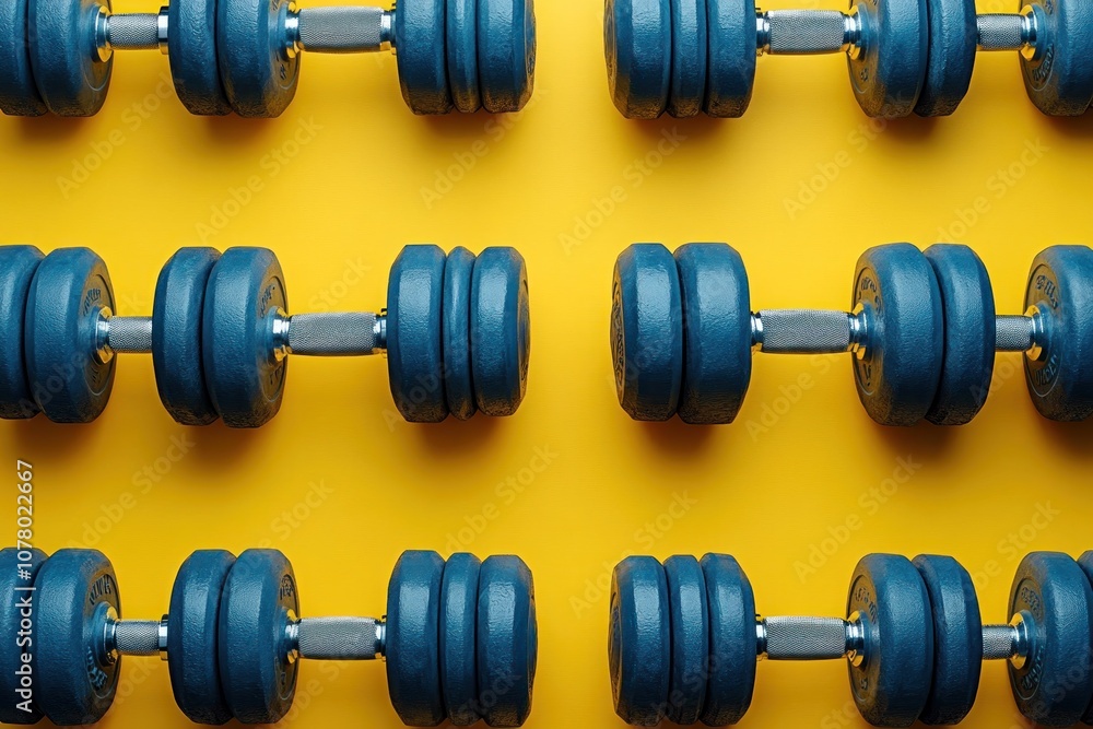 Blue Dumbbells on Yellow Background Blue Dumbbells on Yellow Background