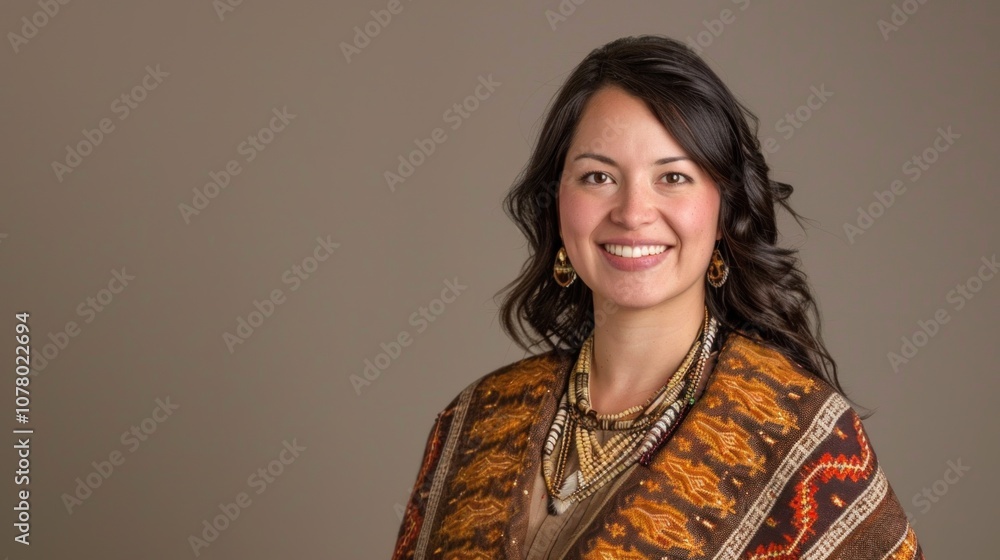 A Native American woman stands confidently in a traditional shawl, radiating warmth and peace against a neutral background with natural light A Native American woman stands confidently in a traditional shawl, radiating warmth and peace against a neutral background with natural light