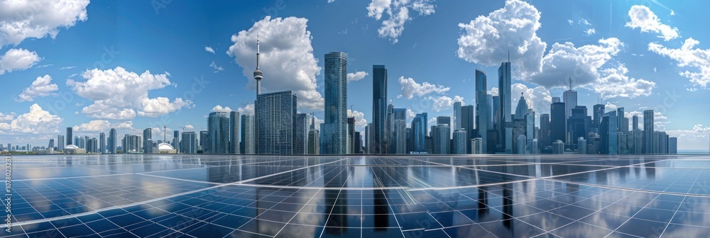 Solar panels on a rooftop with a panoramic city skyline in the ...