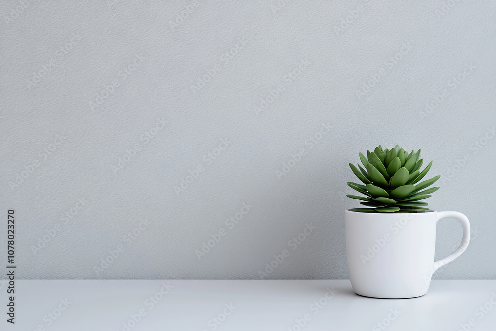 modern succulent plant in white cup on sleek surface against light gray wall, adding touch of greenery and freshness to minimalist decor modern succulent plant in white cup on sleek surface against light gray wall, adding touch of greenery and freshness to minimalist decor