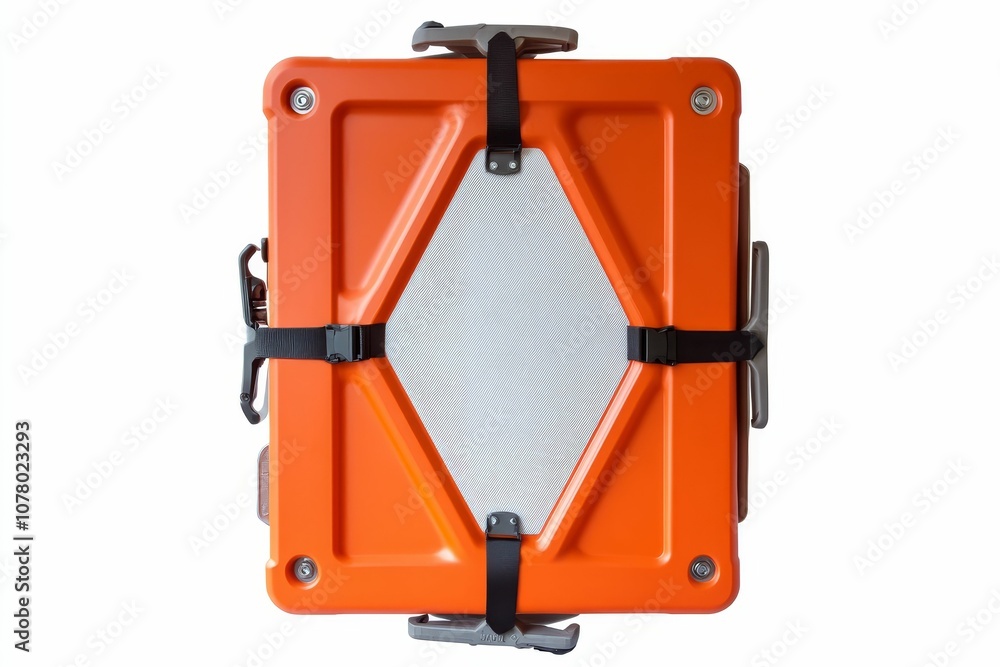 Orange case with black straps and gray handles. Orange case with black straps and gray handles.