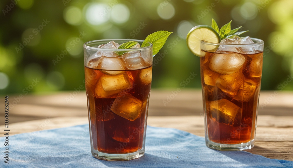 Full glass of iced tea on wooden table with blur sunlight and green nature background. Generative AI Full glass of iced tea on wooden table with blur sunlight and green nature background. Generative AI