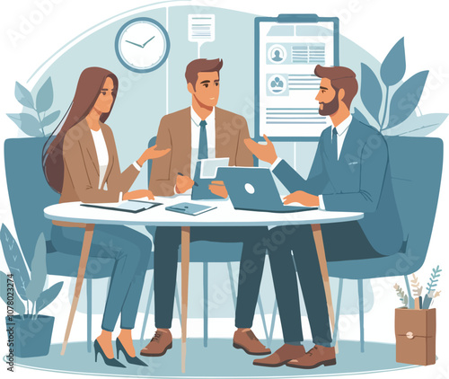 Partners meeting for business discussion with documents and laptop on desk. Couple at round table, speaking, discussing work, partnership. Flat vector on a white background