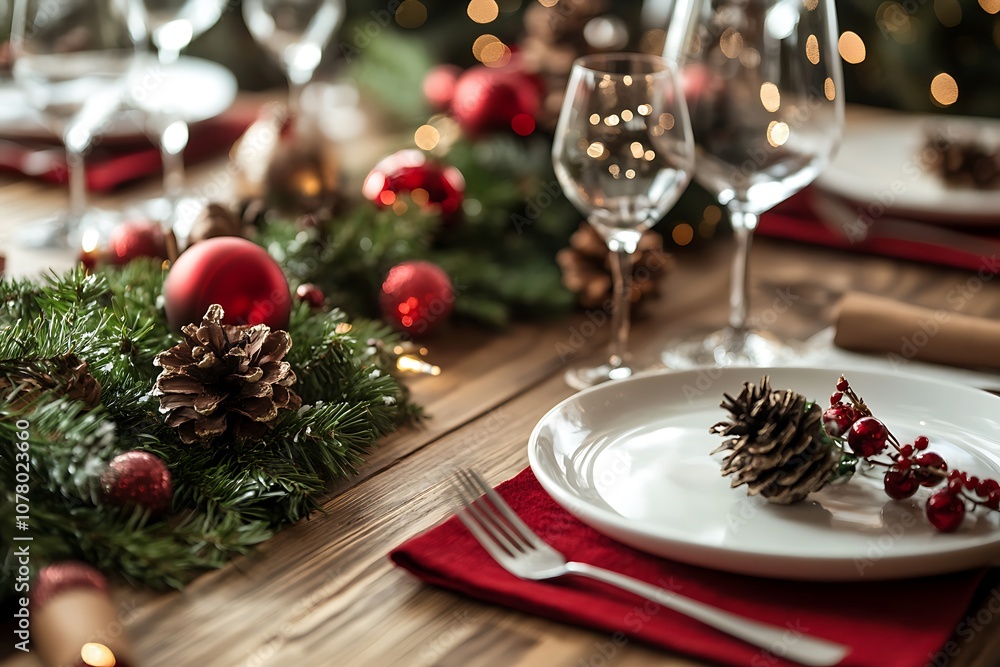 Festive Christmas table setting with holiday decorations and ample room for copy at the top Festive Christmas table setting with holiday decorations and ample room for copy at the top