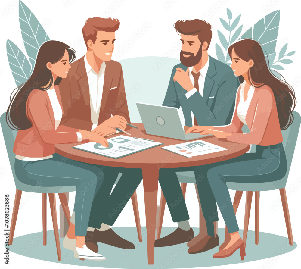 Partners meeting for business discussion with documents and laptop on desk. Couple at round table, speaking, discussing work, partnership. Flat vector on a white background Partners meeting for business discussion with documents and laptop on desk. Couple at round table, speaking, discussing work, partnership. Flat vector on a white background
