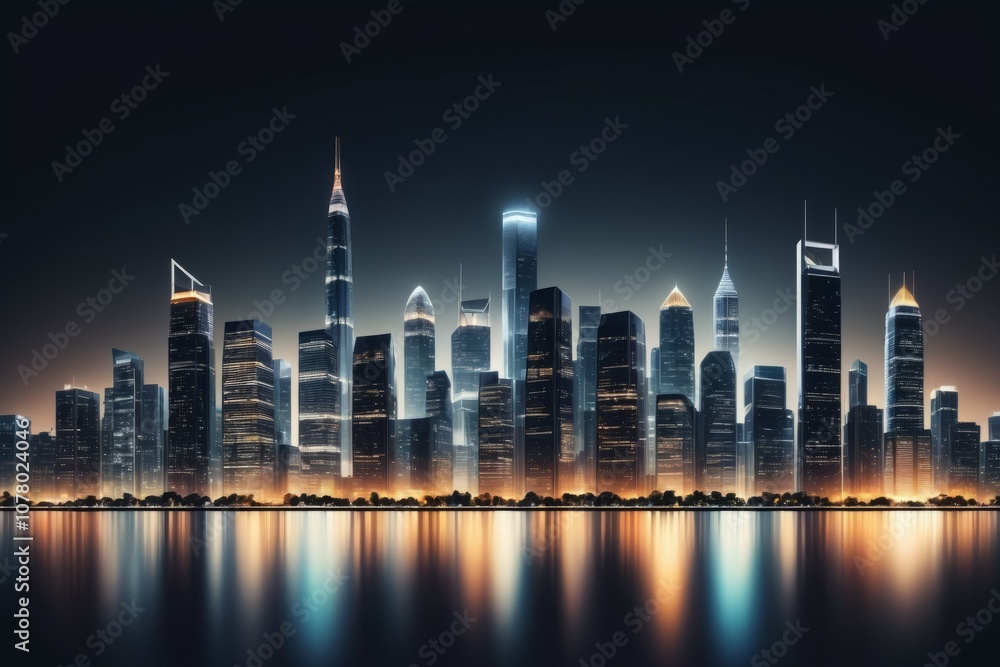 Obraz premium Beautiful night skyline of city with the iconic skyscraper illuminated on water