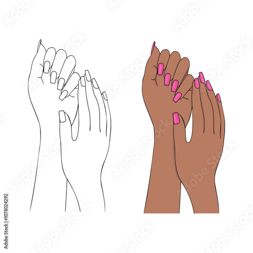 female hand dark skin vector manicure pink. female dark-skinned hand with pink manicure elegant line vector for coloring