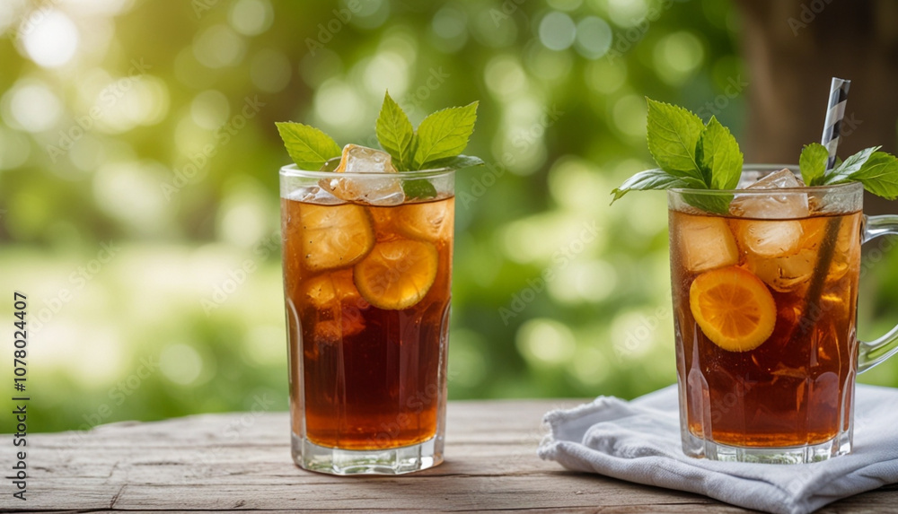 Full glass of iced tea on wooden table with blur sunlight and green nature background. Generative AI Full glass of iced tea on wooden table with blur sunlight and green nature background. Generative AI