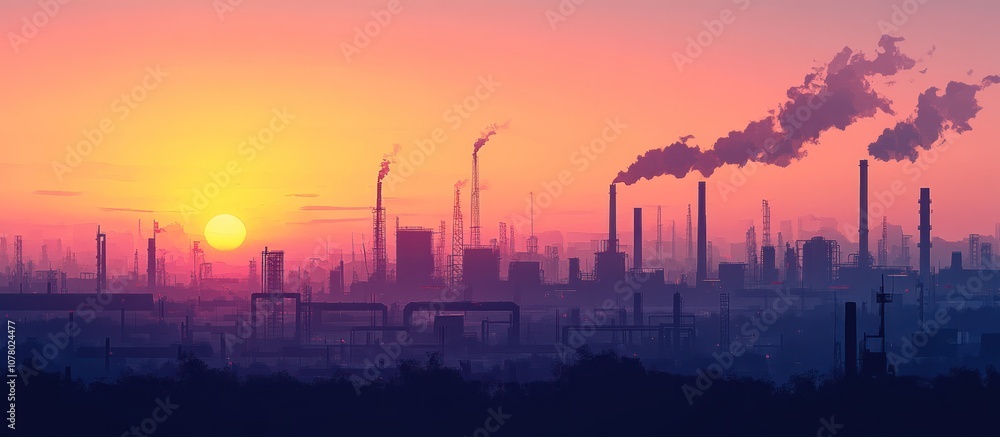 Fototapeta premium Silhouette of a factory with smokestacks at sunset.