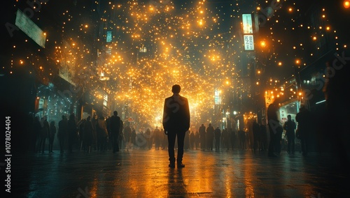 Silhouettes of People Under a Sky of Lights