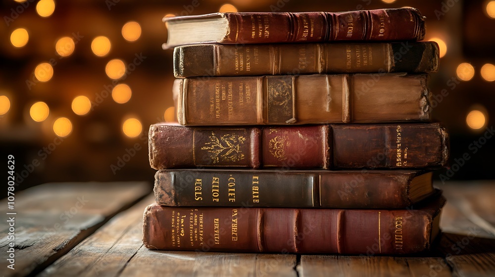 Antique Books Stacked in Warm Light Antique Books Stacked in Warm Light