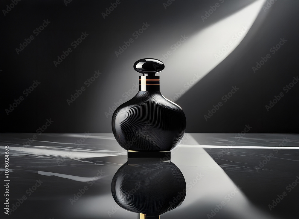 A black perfume bottle with a gold top sits on a white marble surface, illuminated by a single spotlight. A black perfume bottle with a gold top sits on a white marble surface, illuminated by a single spotlight.
