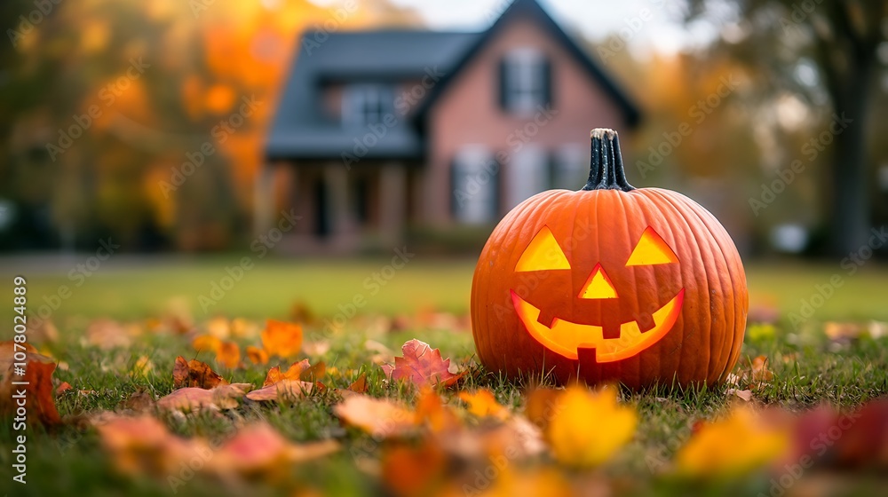 Obraz premium A bright orange pumpkin with a playful smile carved into it rests on a soft bed of grass next to a quaint house, surrounded by vibrant autumn colors.