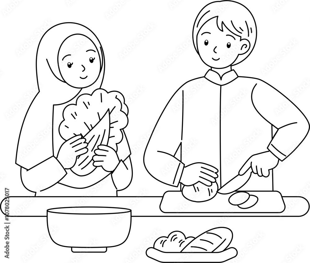muslim family cooking together outline coloring