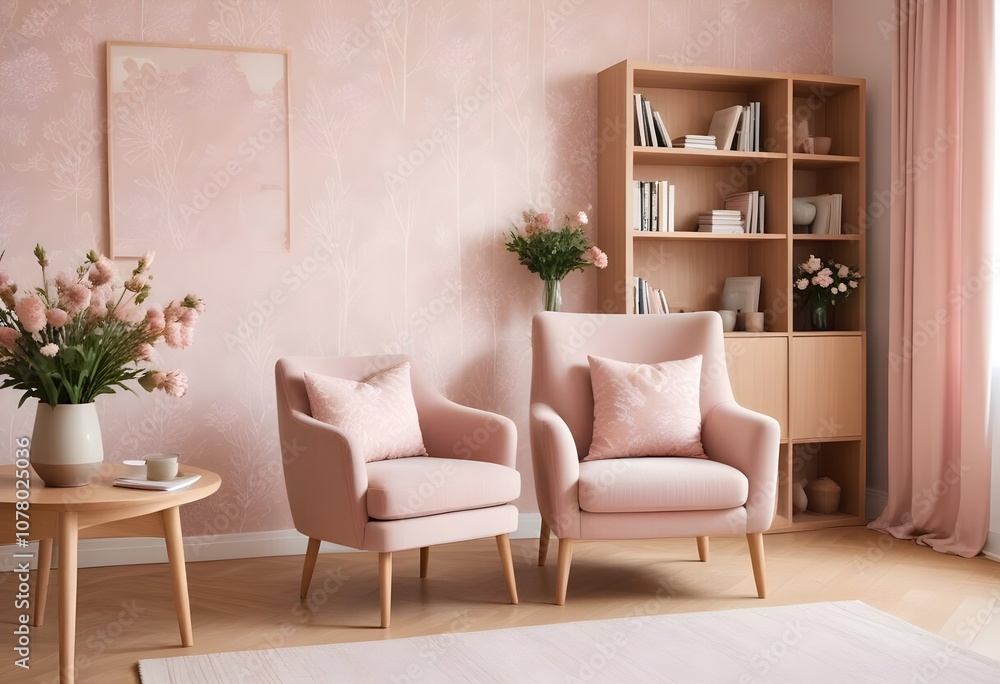 Scandinavian living room interior design zoom background,Doodle patterned wallpaper graphics Scandinavian living room interior design zoom background,Doodle patterned wallpaper graphics