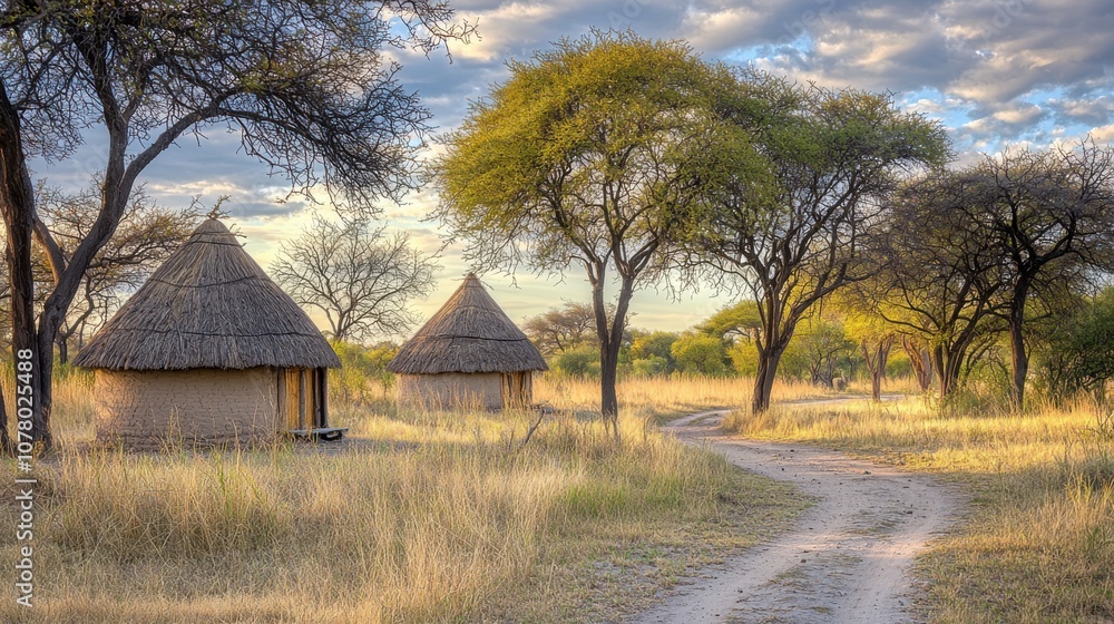 Tranquil scene of traditional huts amidst a natural landscape with trees and a dirt path. Tranquil scene of traditional huts amidst a natural landscape with trees and a dirt path.