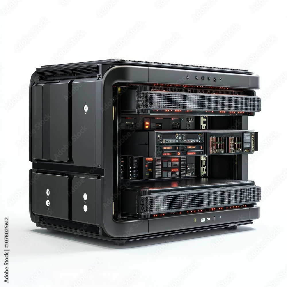 Black server rack with red lights. Black server rack with red lights.