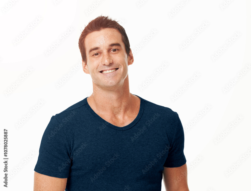Portrait, smile and man in studio for fitness, health or wellness on white background. Face, sports and happy personal trainer in tshirt for exercise, confidence and person ready for training in USA Portrait, smile and man in studio for fitness, health or wellness on white background. Face, sports and happy personal trainer in tshirt for exercise, confidence and person ready for training in USA