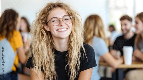 Cheerful young woman smiling in a lively café setting