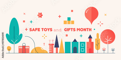Safe toys and gifts month celebration with playful geometric design for awareness campaigns
