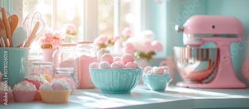 Pink and blue kitchen counter with a mixer, cupcakes, and a bowl of marshmallows.