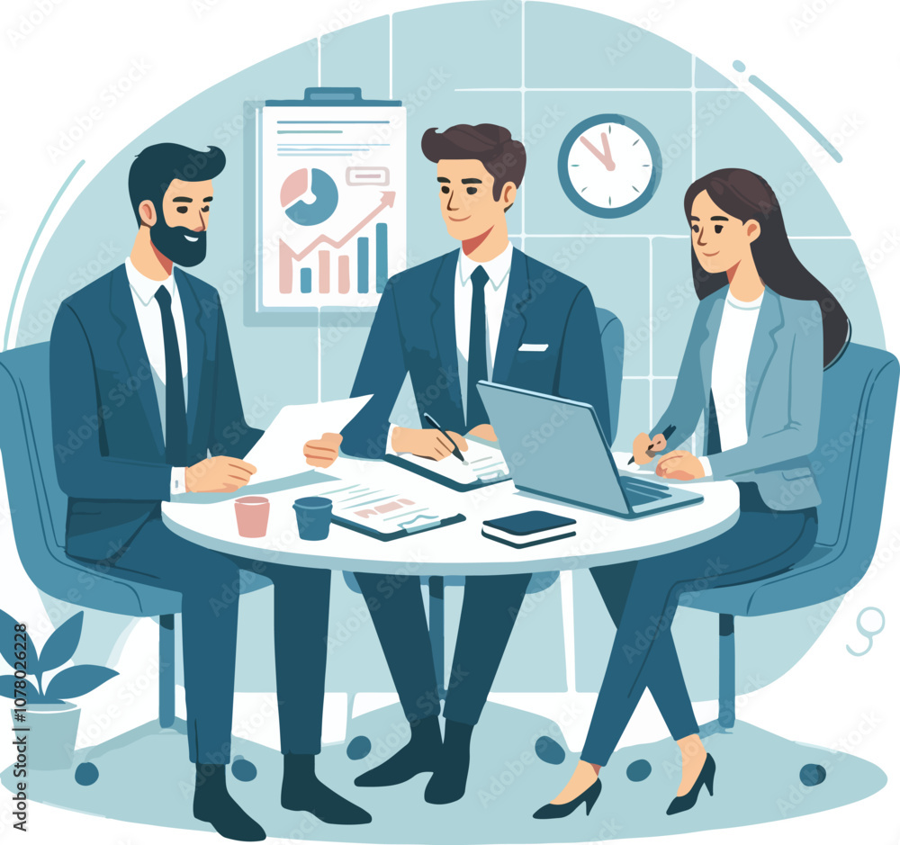 Partners meeting for business discussion with documents and laptop on desk. Couple at round table, speaking, discussing work, partnership. Flat vector on a white background Partners meeting for business discussion with documents and laptop on desk. Couple at round table, speaking, discussing work, partnership. Flat vector on a white background