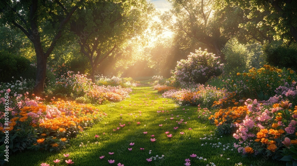 A serene garden path surrounded by vibrant flowers and sunlight. A serene garden path surrounded by vibrant flowers and sunlight.