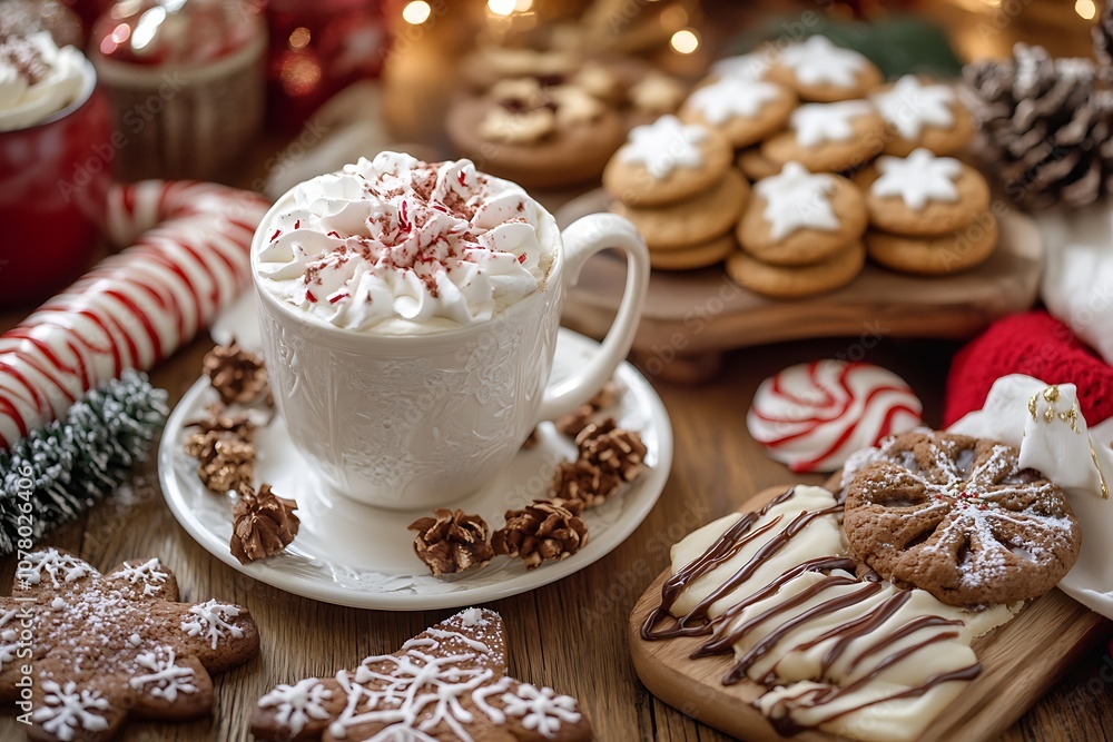 Festive holiday table with cookies, hot cocoa, and room for copy at the top Festive holiday table with cookies, hot cocoa, and room for copy at the top