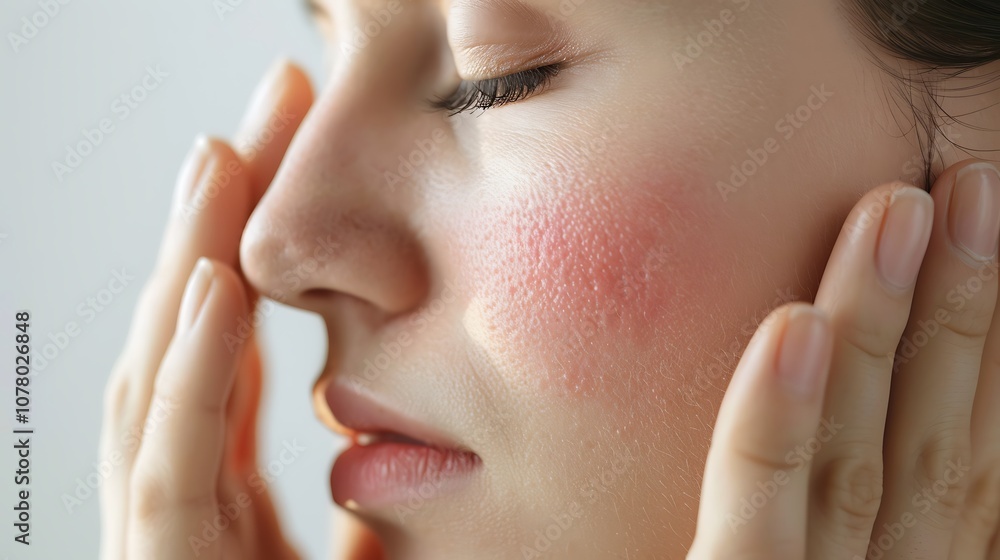 Obraz premium A close-up of a woman gently touching her nose with a noticeable red spot, emphasizing skincare, sensitivity, or health concerns in a clean and minimalistic background.