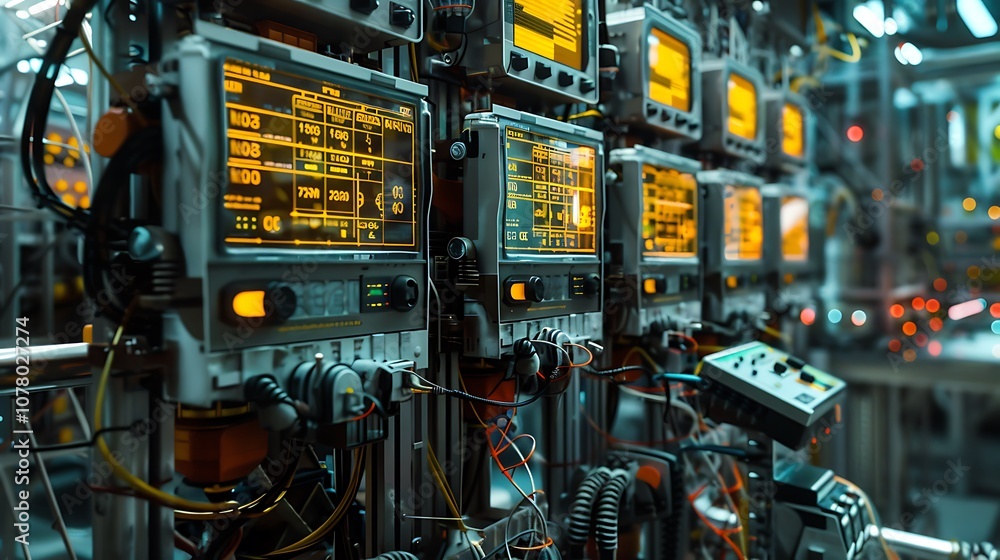 In a futuristic factory a robotic multimeter with floating readings In a futuristic factory a robotic multimeter with floating readings