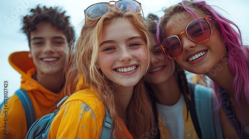 Group of smiling teenagers enjoying a fun day outdoors.