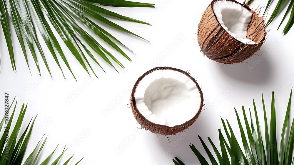 Coconut and Palm Leaves with Water Splashes Coconut and Palm Leaves with Water Splashes