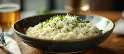 Creamy risotto garnished with parsley and grated cheese in a black bowl on a wooden table.