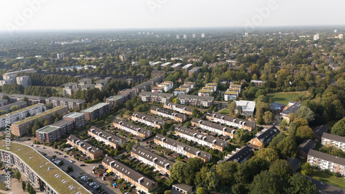 Aerial View of Suburban Neighborhood with Houses and Trees