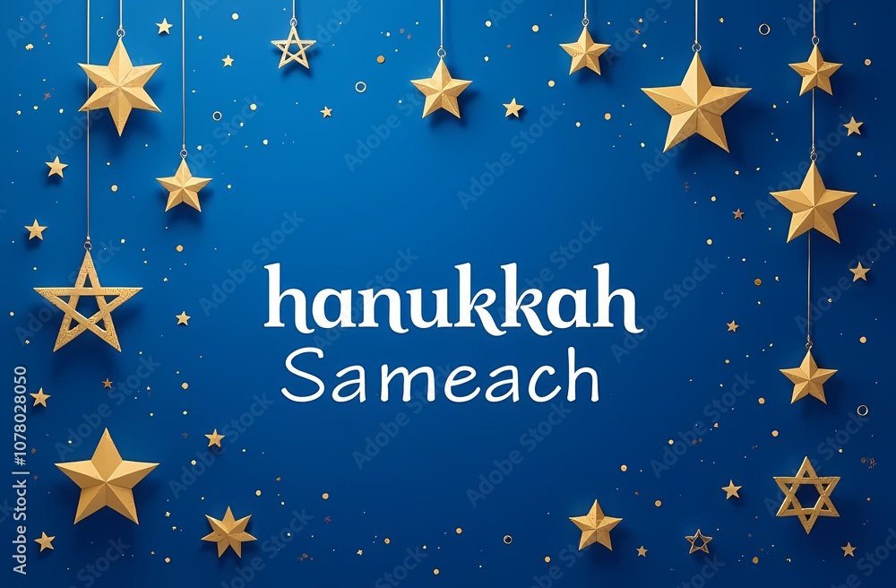 Naklejka premium Festive Hanukkah card. gold Stars of David on blue background. The text