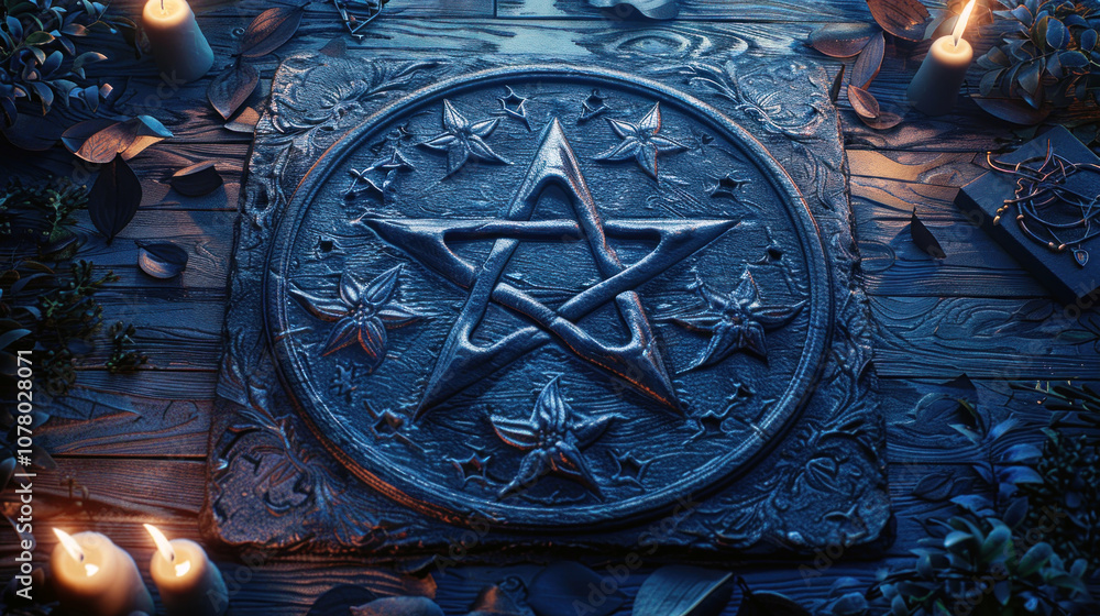 A glowing pentacle rests on dark wood, surrounded by candles and various occult tools, creating an enchanting, mystical atmosphere A glowing pentacle rests on dark wood, surrounded by candles and various occult tools, creating an enchanting, mystical atmosphere