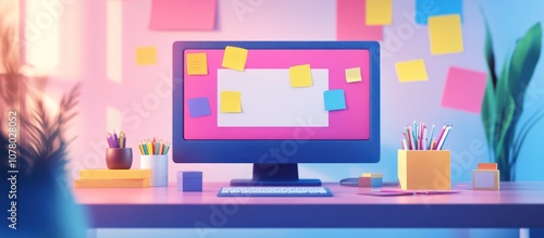 A computer with a blank screen and colorful sticky notes on a pink background.