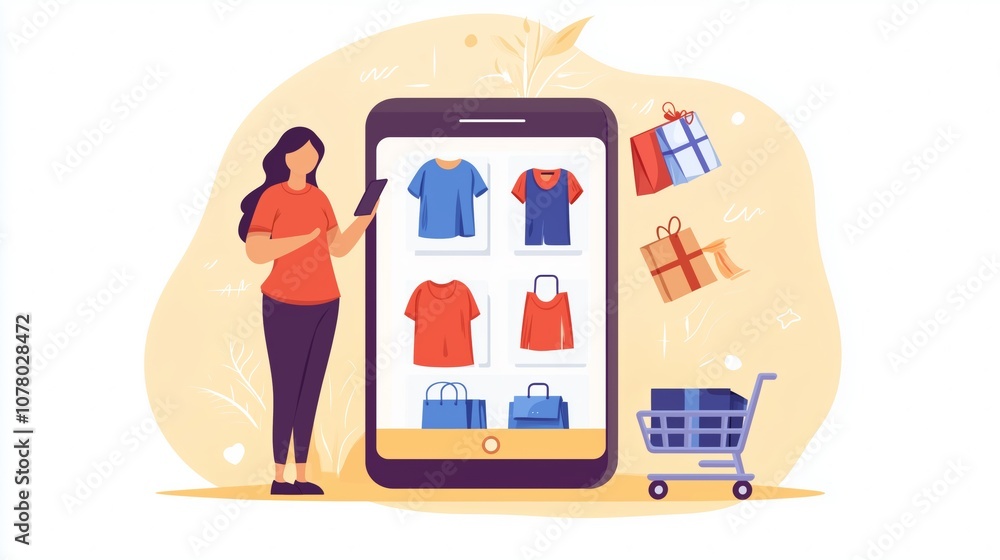 Fototapeta premium Illustration of a woman using mobile phone for online shopping and ordering clothes