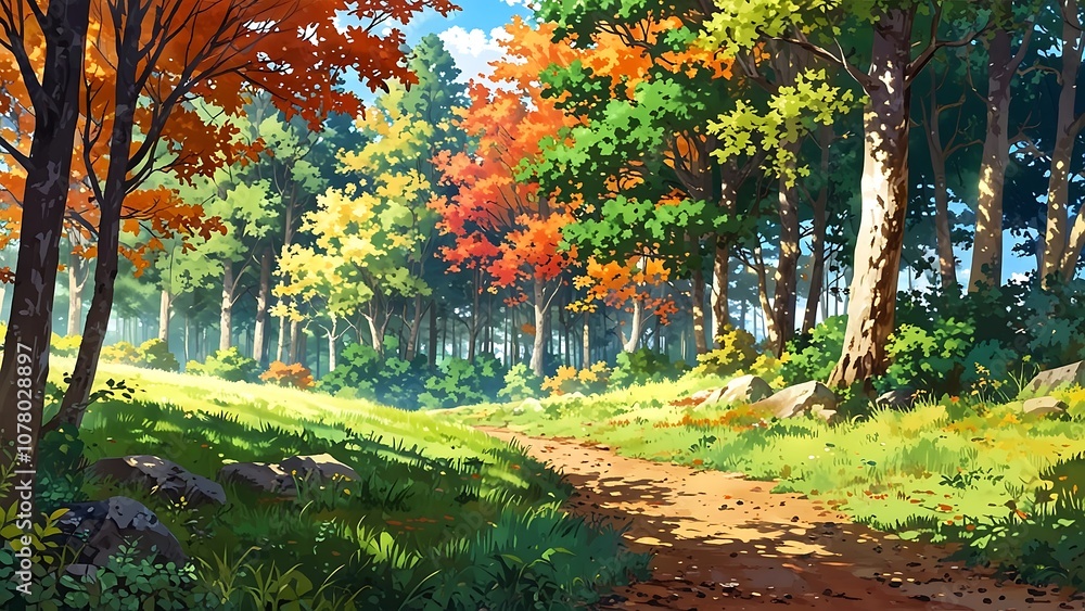 Obraz premium Dirt road in the middle of Animated anime landscape panorama autumn scene