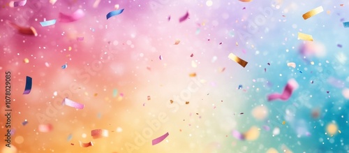 Colorful confetti falling on a blurred pastel background.