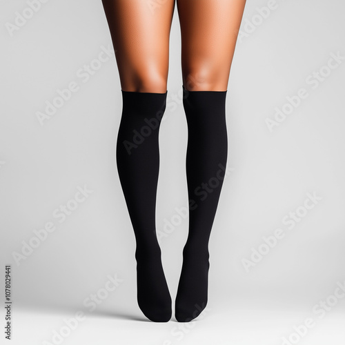 Mockup of long black socks on beautiful female legs on tiptoes, front view