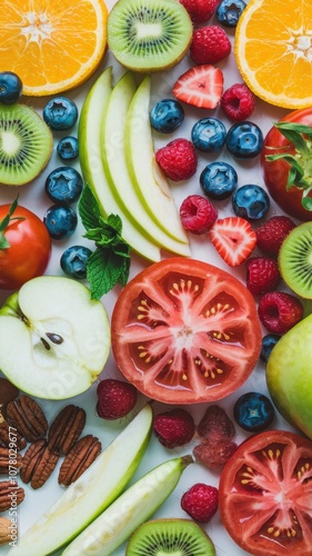 Assortment of Fresh Fruits and Vegetables on White Surface
