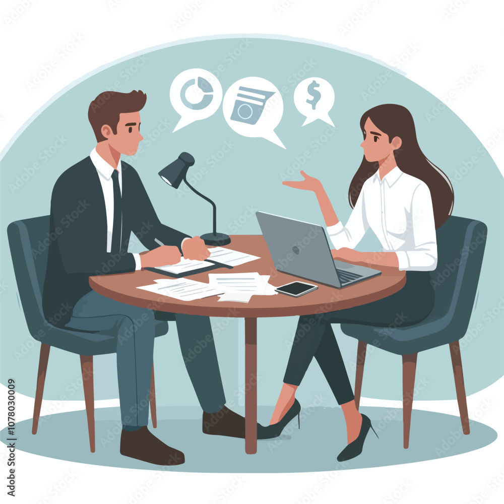 Partners meeting for business discussion with documents and laptop on desk. Couple at round table, speaking, discussing work, partnership. Flat vector on a white background Partners meeting for business discussion with documents and laptop on desk. Couple at round table, speaking, discussing work, partnership. Flat vector on a white background