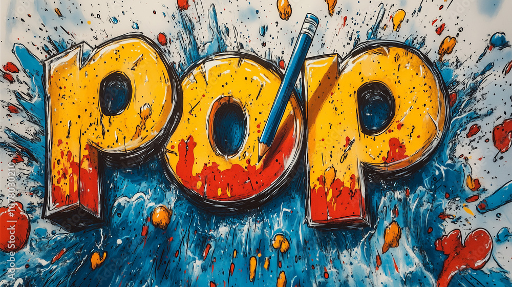 Fototapeta premium Vibrant comic-style artwork featuring the word pop surrounded by colorful splashes and a red crayon on a blue background.