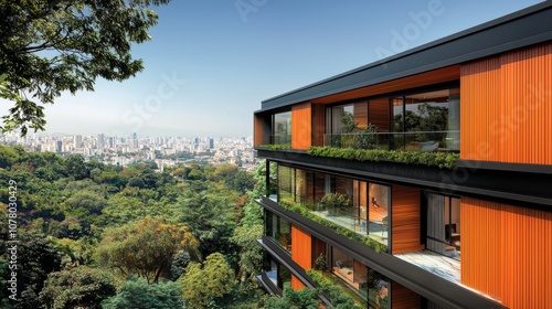 Wallpaper Mural Modern building with orange accents overlooking a lush city landscape. Torontodigital.ca