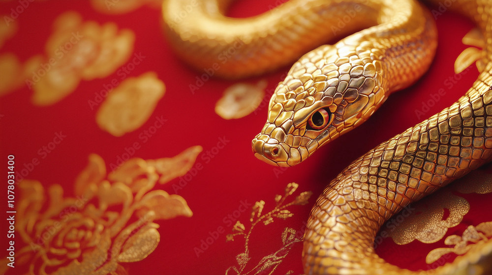 Shiny golden snake on a red background. 2025 New Year of the Snake, Lunar New Year or Chinese New Year. Tet. Zodiac animal character. Copyspace for your text. Shiny golden snake on a red background. 2025 New Year of the Snake, Lunar New Year or Chinese New Year. Tet. Zodiac animal character. Copyspace for your text.