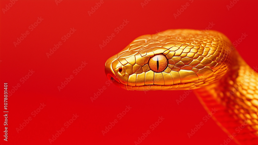 Obraz premium Shiny golden snake on a plain red background. 2025 New Year of the Snake, Lunar New Year or Chinese New Year. Tet. Zodiac animal character. Copyspace for your text.